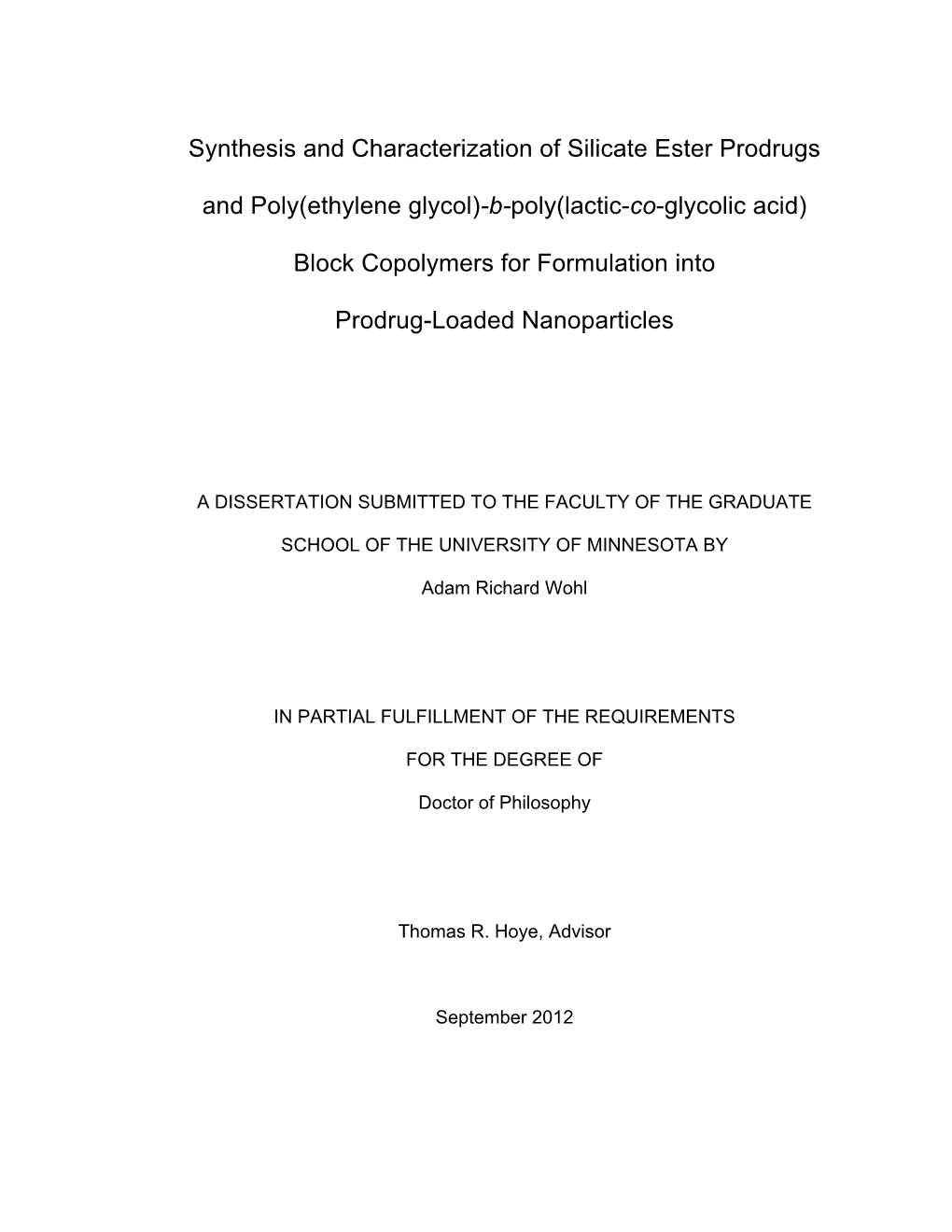 Synthesis and Characterization of Silicate Ester Prodrugs and Poly(Ethylene Glycol)