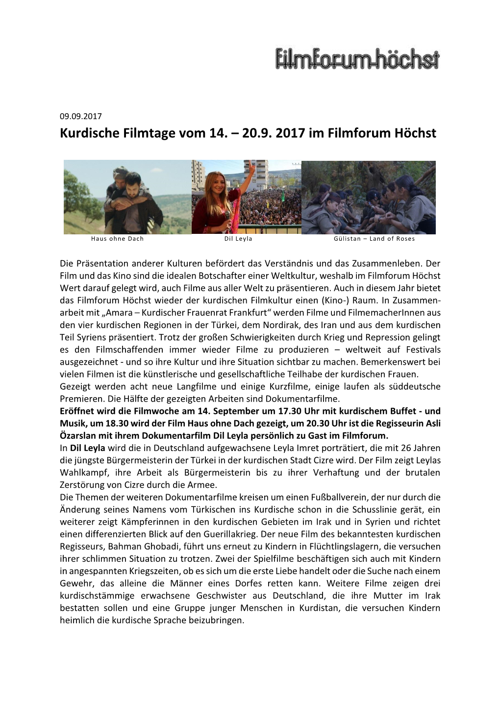 Kurdische Filmtage Vom 14. – 20.9. 2017 Im Filmforum Höchst