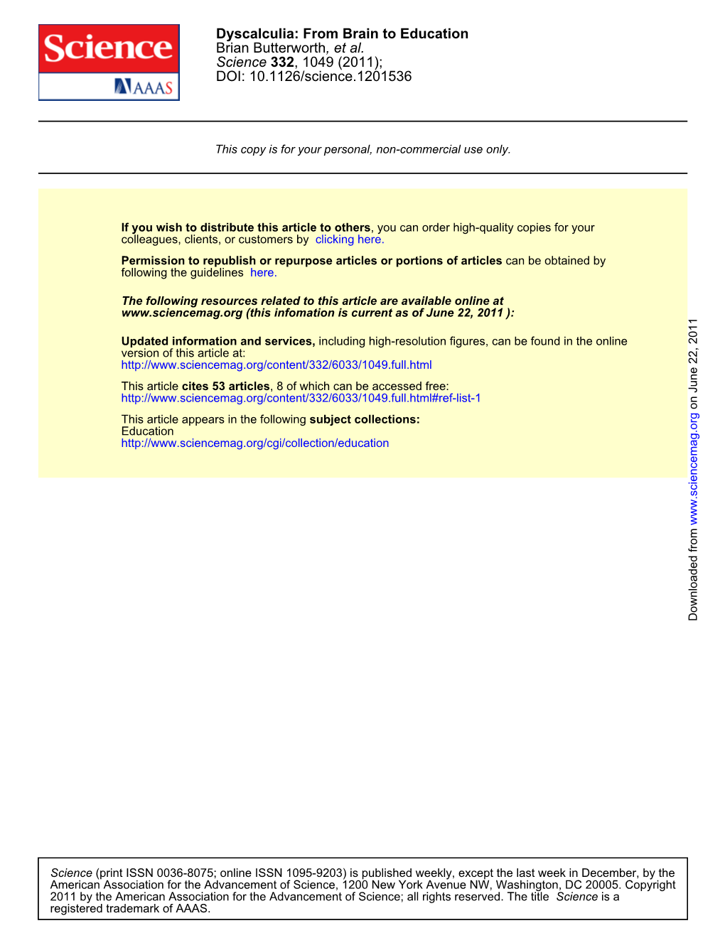 Dyscalculia: from Brain to Education Brian Butterworth, Et Al