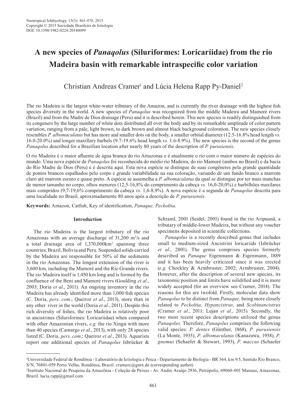 A New Species of Panaqolus (Siluriformes: Loricariidae) from the Rio Madeira Basin with Remarkable Intraspecific Color Variation