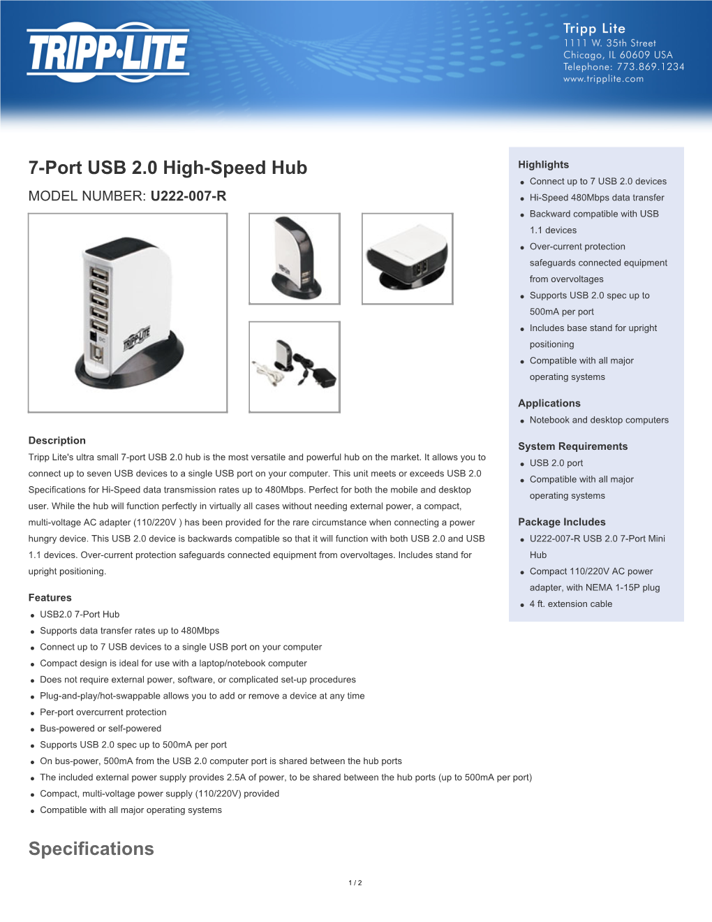 7-Port USB 2.0 High-Speed Hub Specifications