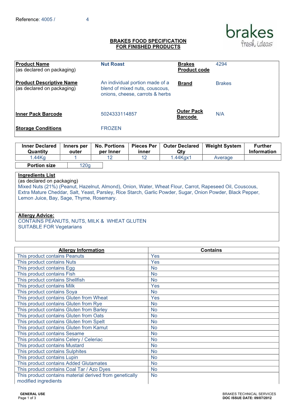 Brakes Food Spec for Finished Prods