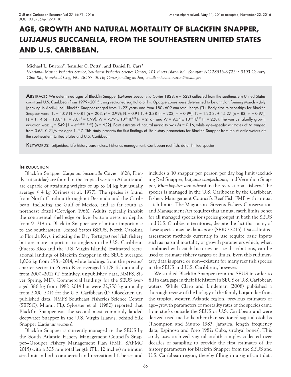 Age, Growth and Natural Mortality of Blackfin Snapper Lutjanus