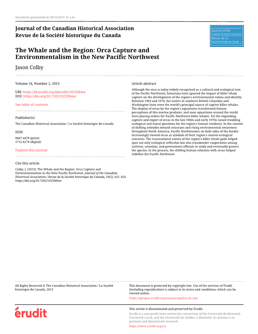 The Whale and the Region: Orca Capture and Environmentalism in the New Pacific Northwest Jason Colby