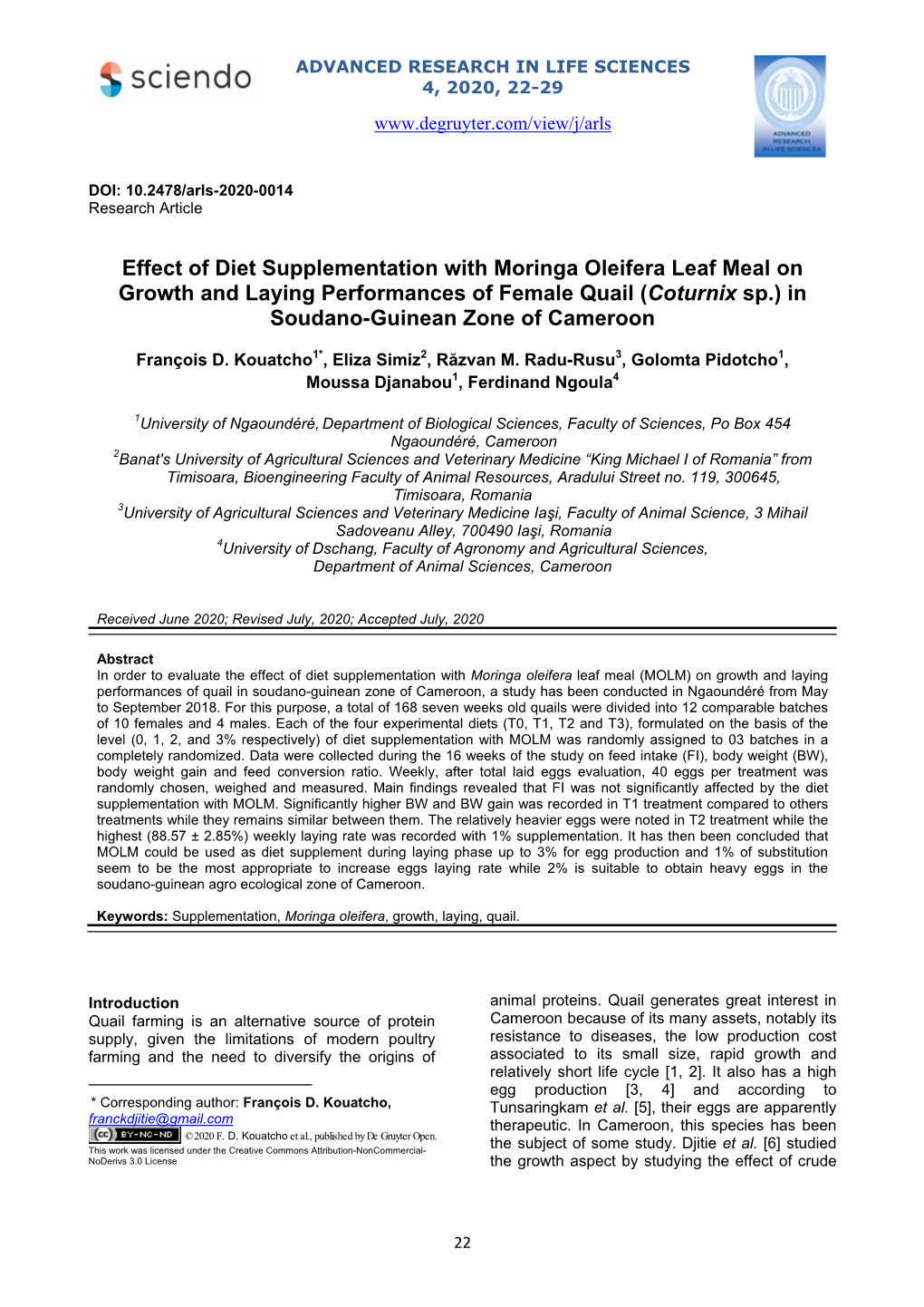 Effect of Diet Supplementation with Moringa Oleifera Leaf Meal on Growth and Laying Performances of Female Quail (Coturnix Sp.) in Soudano-Guinean Zone of Cameroon