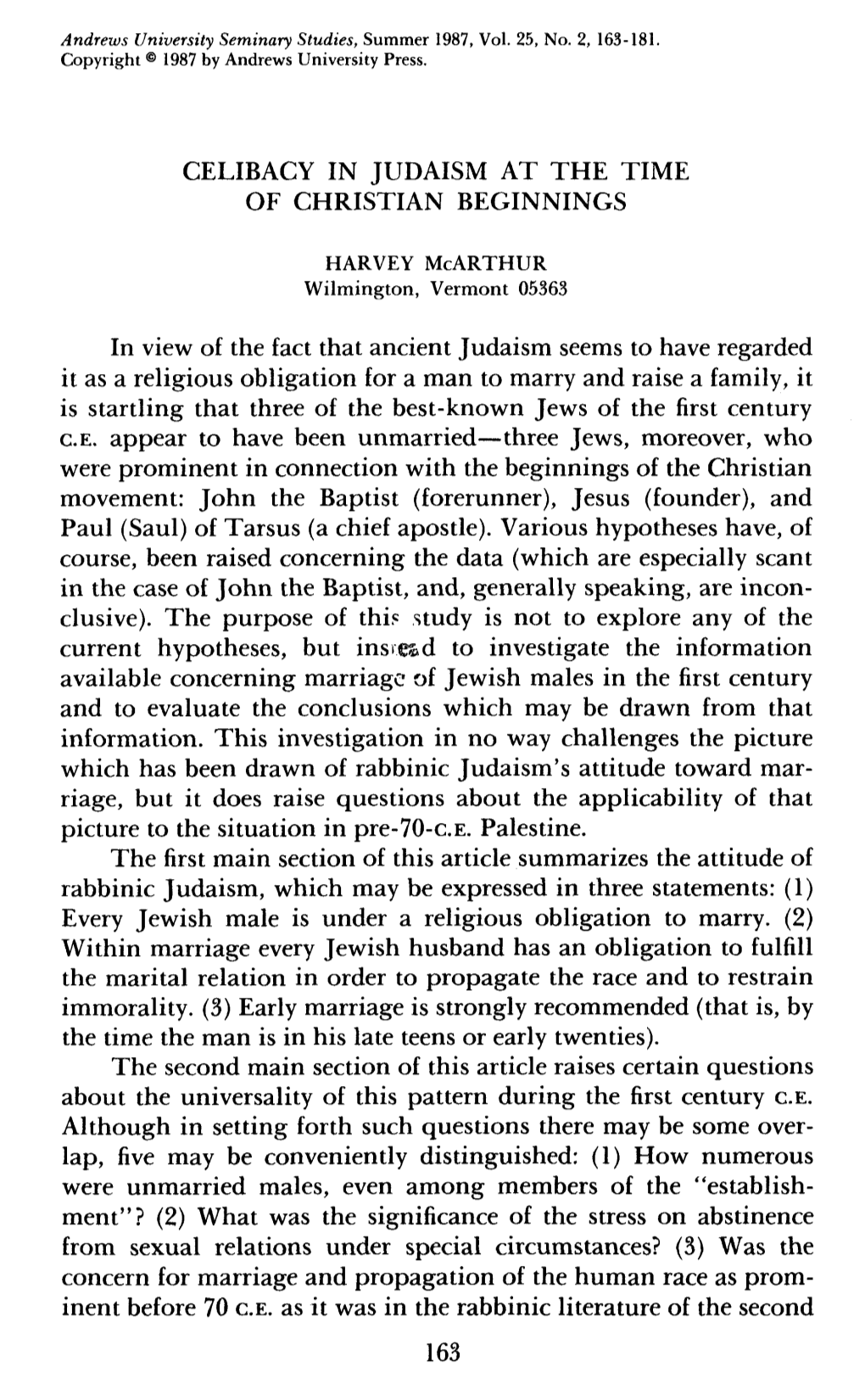 Celibacy in Judaism at the Time of Christian Beginnings
