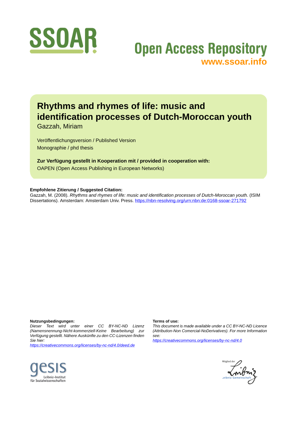 Rhythms and Rhymes of Life: Music and Identification Processes of Dutch-Moroccan Youth Gazzah, Miriam