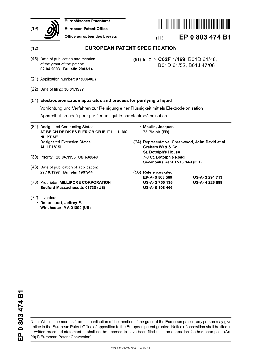 Electrodeionization Apparatus and Process for Purifying a Liquid