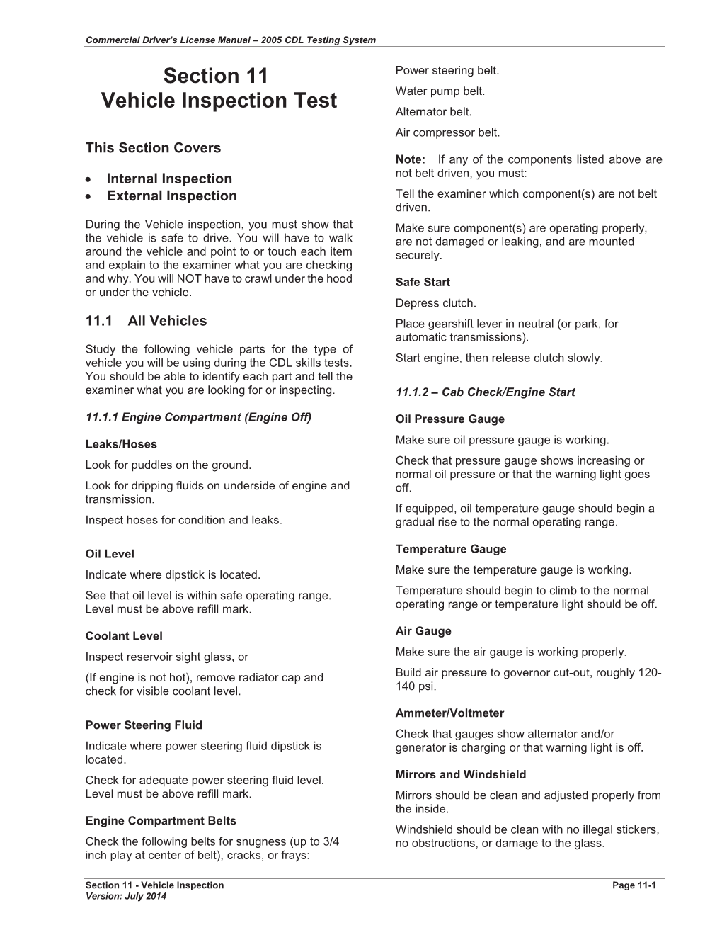 Section 11 Vehicle Inspection Test