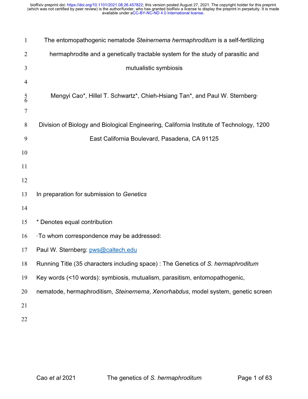 The Entomopathogenic Nematode Steinernema Hermaphroditum Is a Self-Fertilizing