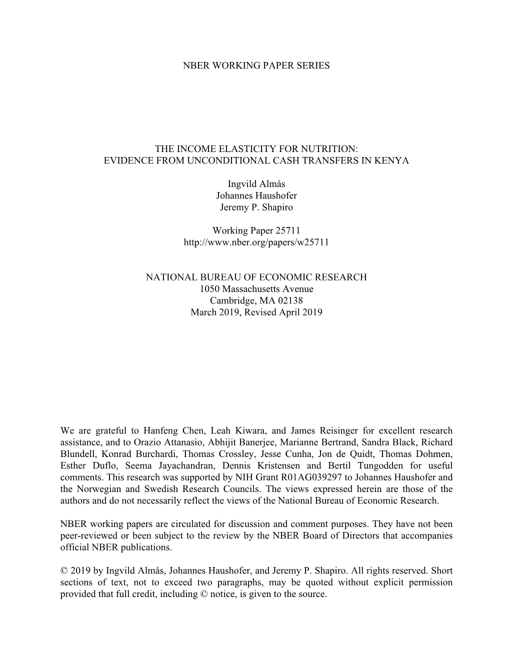 The Income Elasticity for Nutrition: Evidence from Unconditional Cash Transfers in Kenya