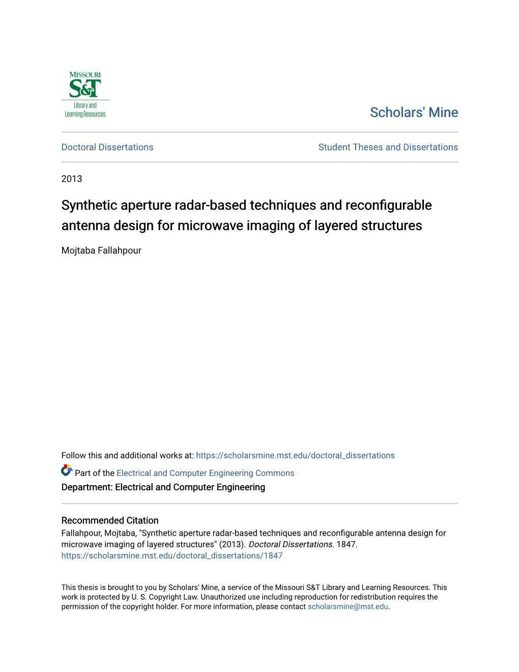 Synthetic Aperture Radar-Based Techniques and Reconfigurable Antenna Design for Microwave Imaging of Layered Structures