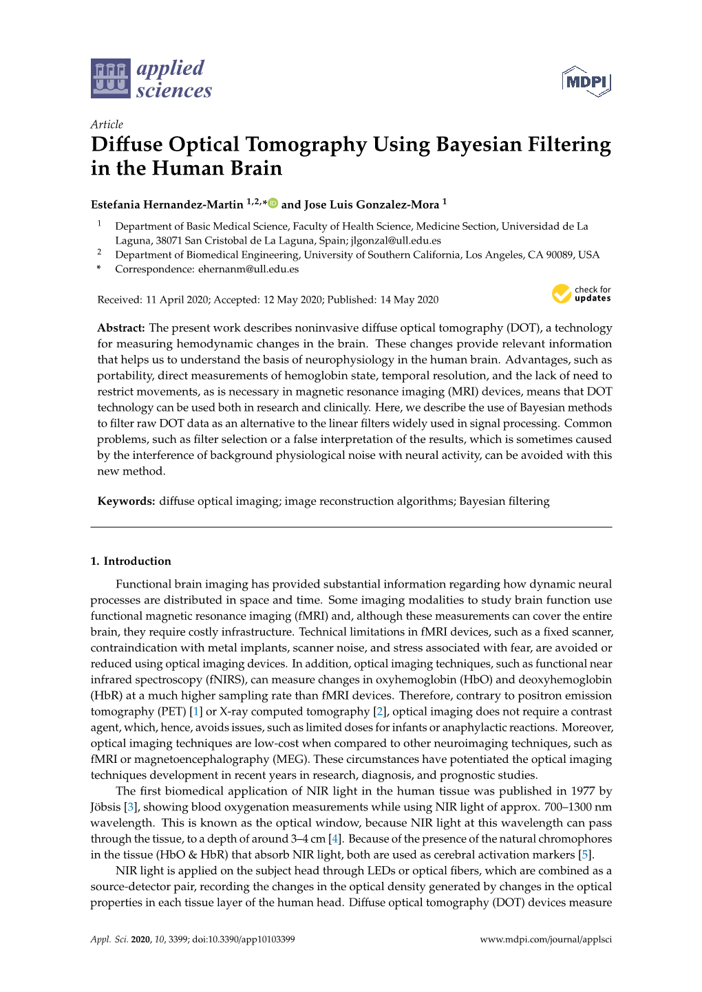 Diffuse Optical Tomography Using Bayesian Filtering in the Human Brain