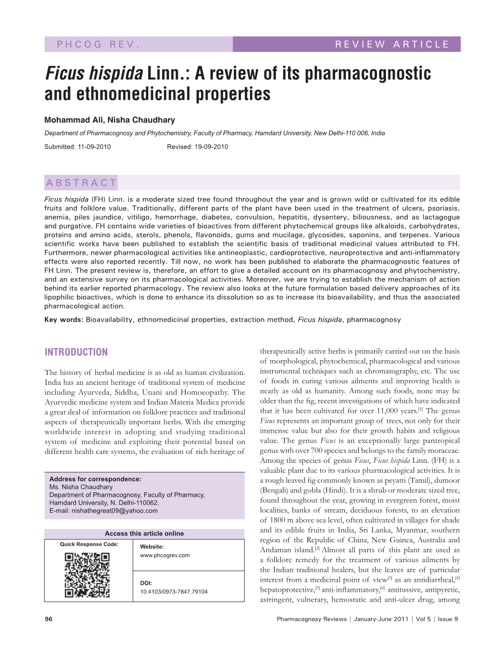 Ficus Hispida Linn.: a Review of Its Pharmacognostic and Ethnomedicinal Properties