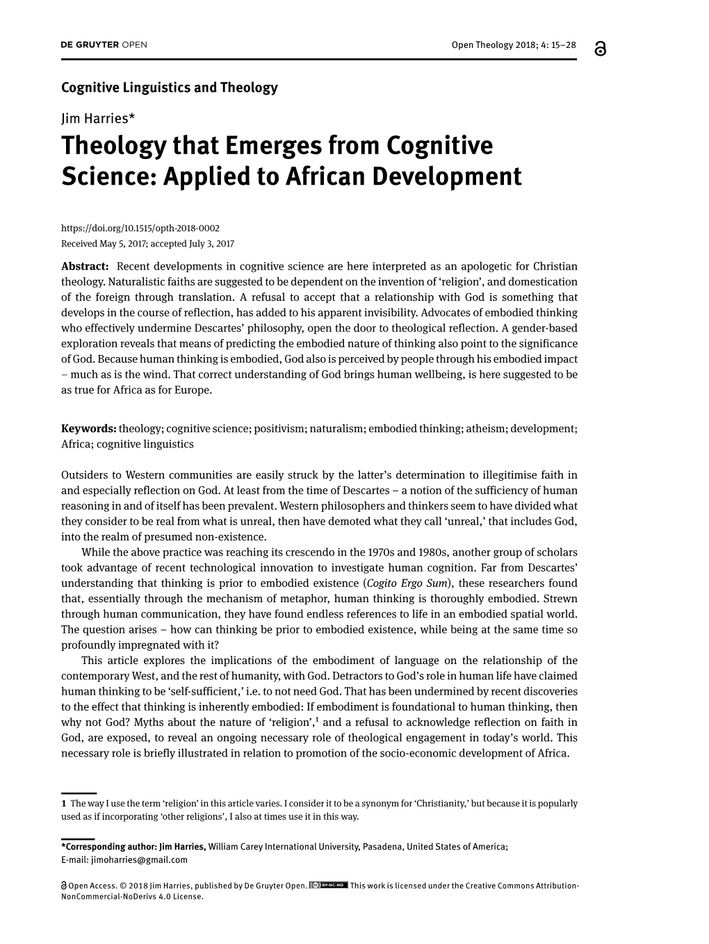 Theology That Emerges from Cognitive Science: Applied to African Development