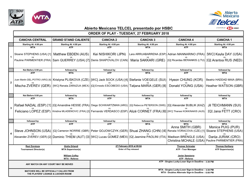 Abierto Mexicano TELCEL Presentado Por HSBC ORDER of PLAY - TUESDAY, 27 FEBRUARY 2018