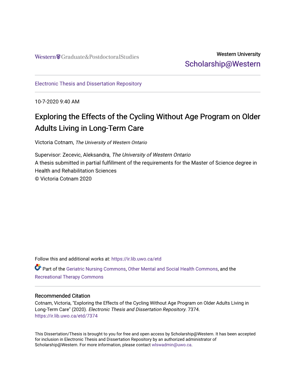 Exploring the Effects of the Cycling Without Age Program on Older Adults Living in Long-Term Care