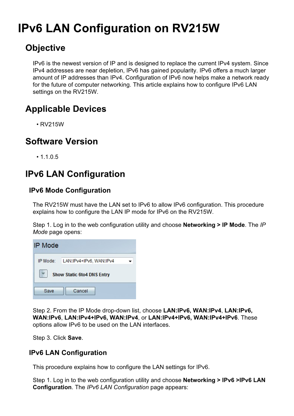 Ipv6 LAN Configuration on RV215W