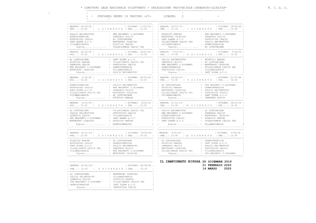 Calendario Carbonia Juniores