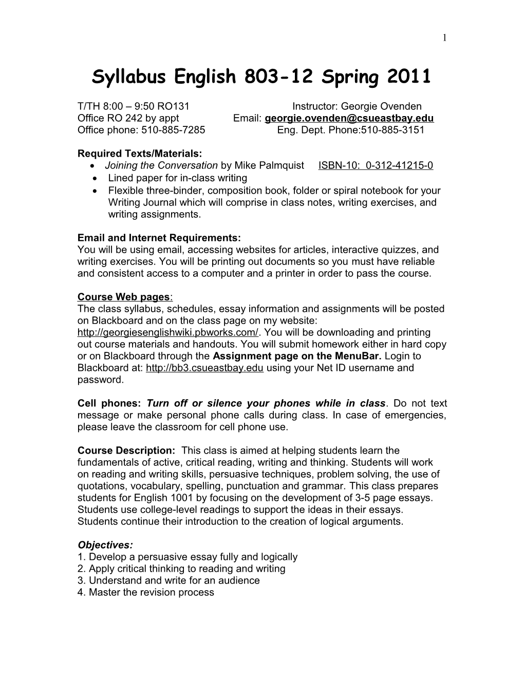 Syllabus English 803-12 Spring 2011