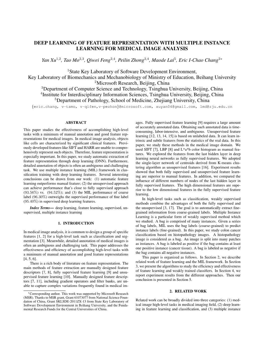 Deep Learning of Feature Representation with Multiple Instance Learning for Medical Image Analysis