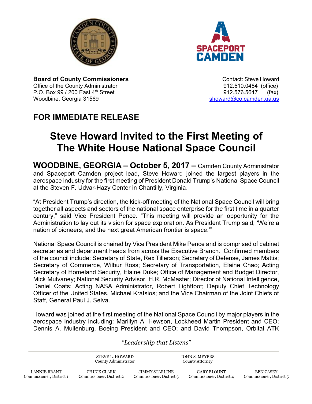 Press Release: Howard Invited to First Meeting of the White House National Space Council Page 2 of 2
