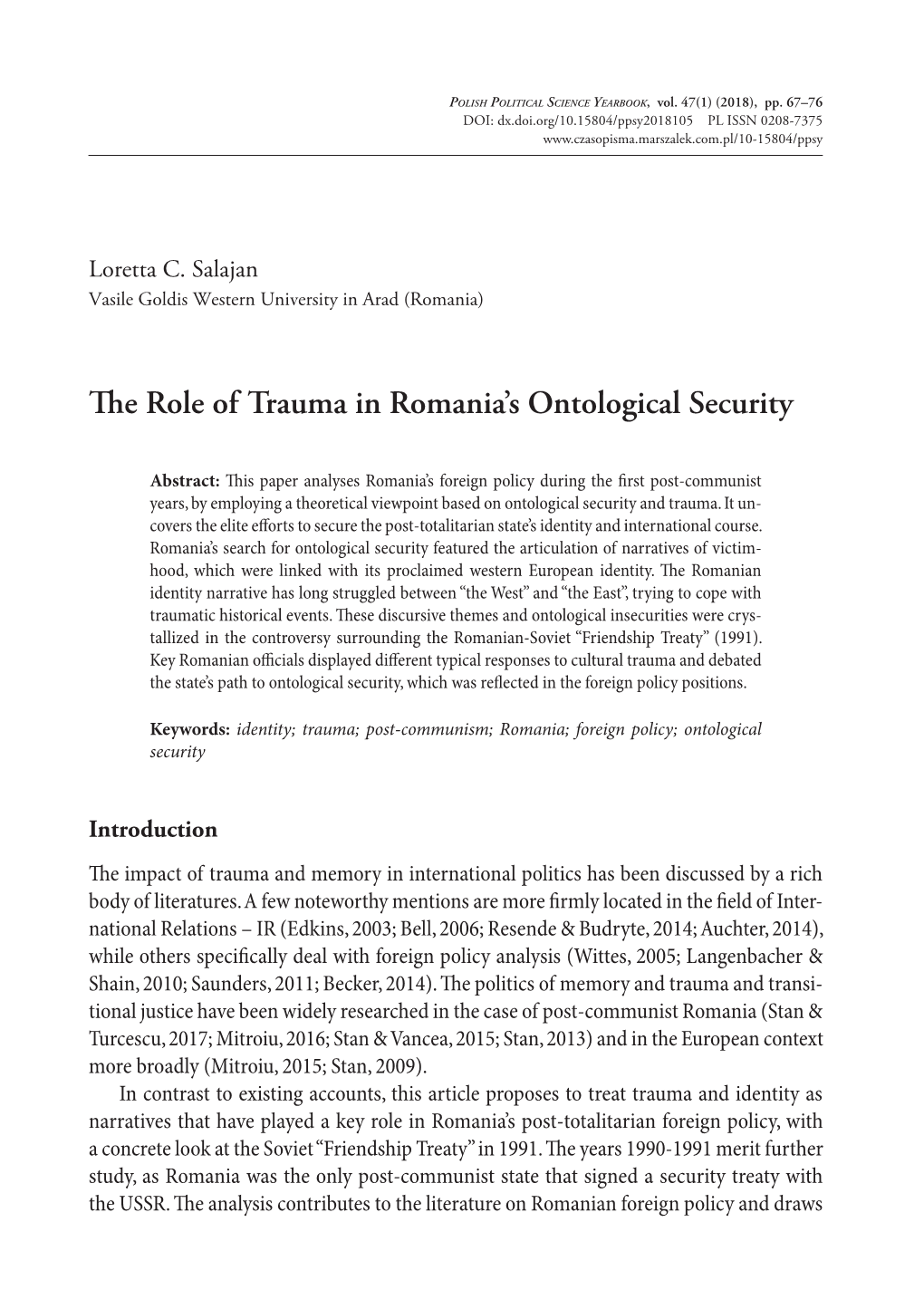 The Role of Trauma in Romania's Ontological Security