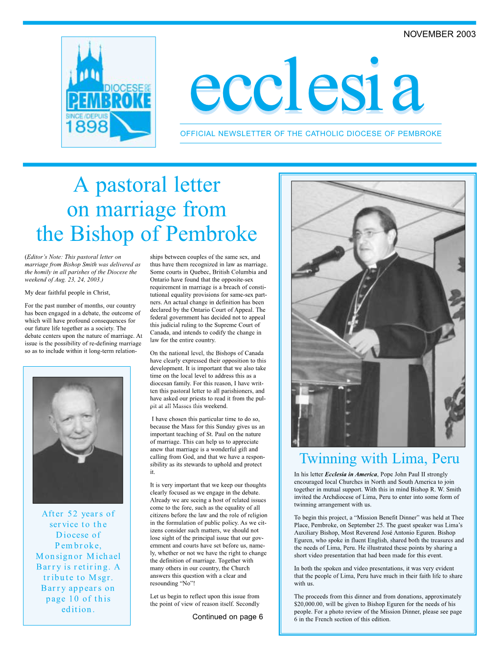 Ecclesia OFFICIAL NEWSLETTER of the CATHOLIC DIOCESE of PEMBROKE