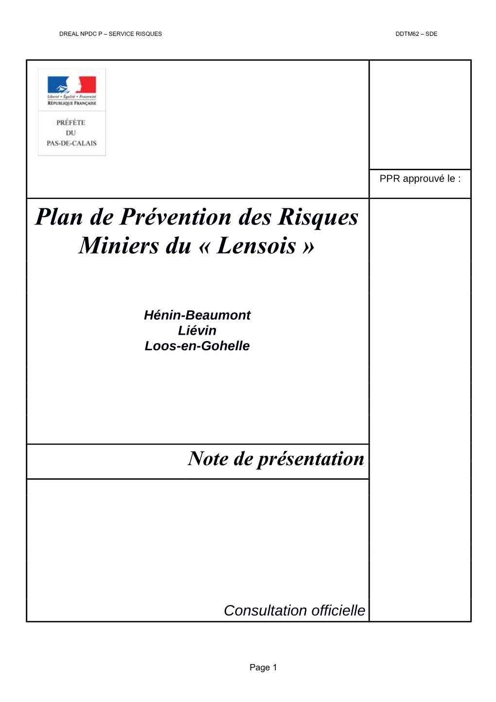 Plan De Prévention Des Risques Miniers Du « Lensois »