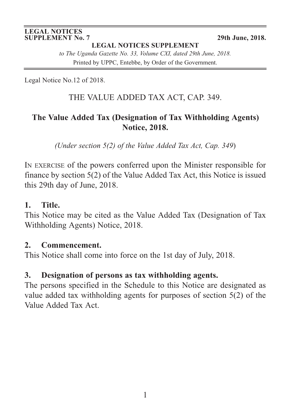 Designation of Tax Withholding Agents) Notice, 2018
