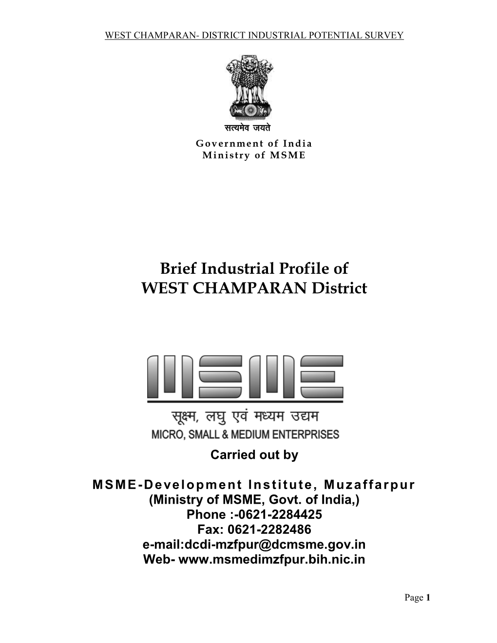 Brief Industrial Profile of WEST CHAMPARAN District