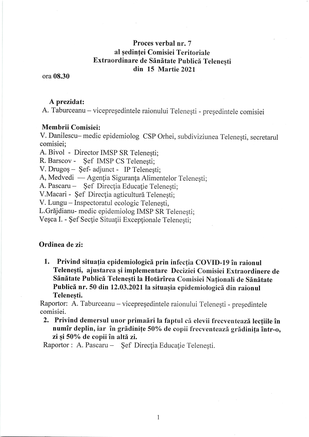 Hotărârea Nr. 7 Din 15.03.2021 a Comisiei Teritoriale Extraordinare De Sănătate Publică Telenești