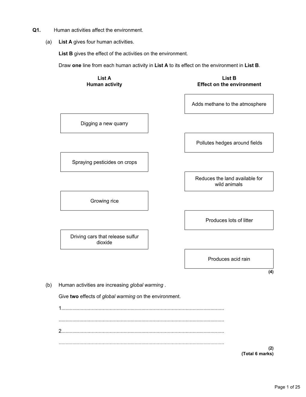 Q1. Human Activities Affect the Environment