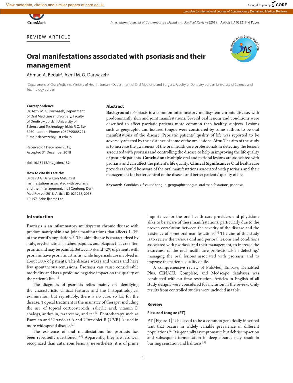Oral Manifestations Associated with Psoriasis and Their Management Ahmad A
