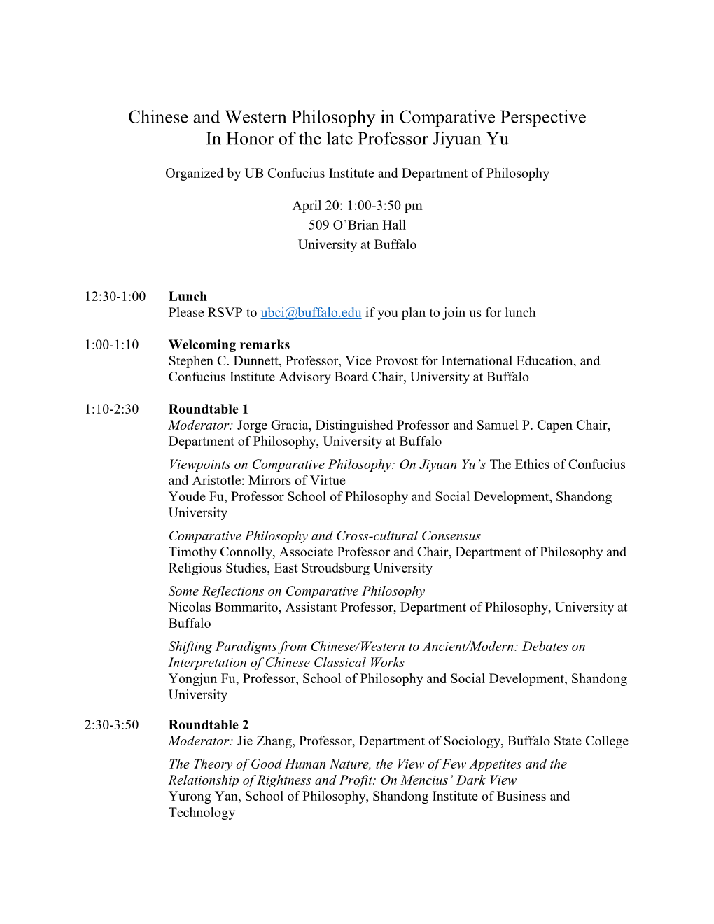 Chinese and Western Philosophy in Comparative Perspective in Honor of the Late Professor Jiyuan Yu