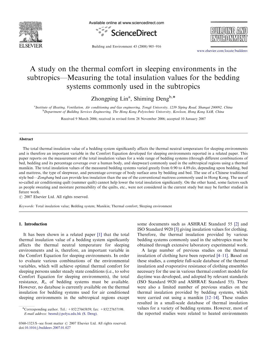 A Study on the Thermal Comfort in Sleeping Environments In