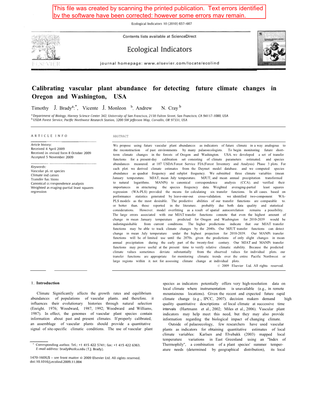 Calibrating Vascular Plant Abundance for Detecting Future Climate Changes in Oregon and Washington, USA