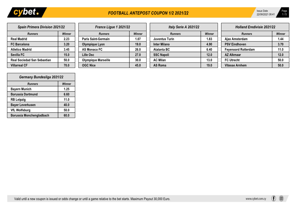 Football Antepost Coupon 1/2 2021/22 22/08/2021 08:41 1 / 5