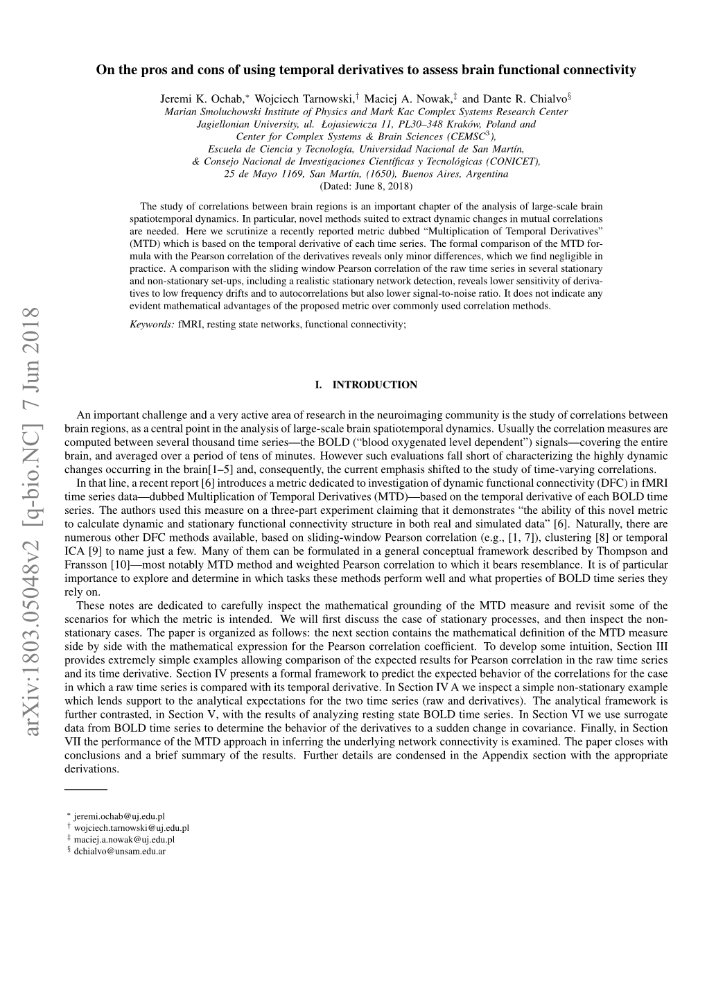 Arxiv:1803.05048V2 [Q-Bio.NC] 7 Jun 2018 VII the Performance of the MTD Approach in Inferring the Underlying Network Connectivity Is Examined