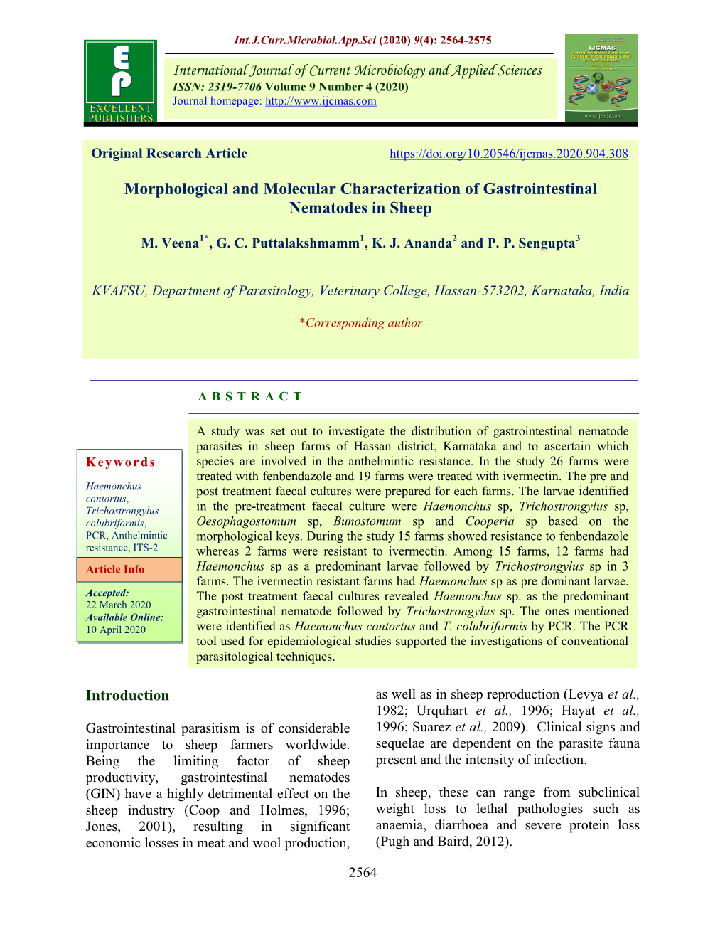 Morphological and Molecular Characterization of Gastrointestinal Nematodes in Sheep