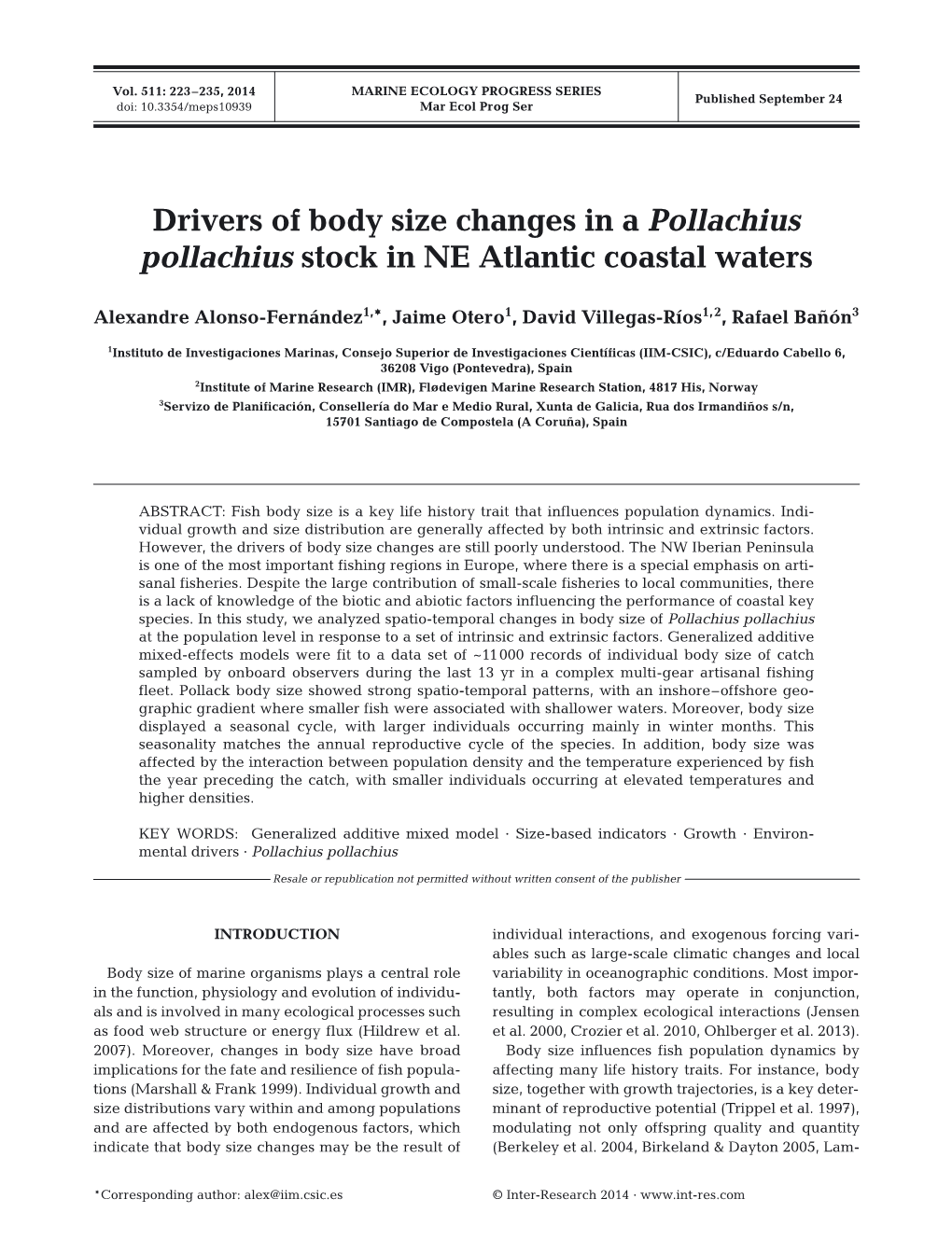 Drivers of Body Size Changes in a Pollachius Pollachius Stock in NE Atlantic Coastal Waters