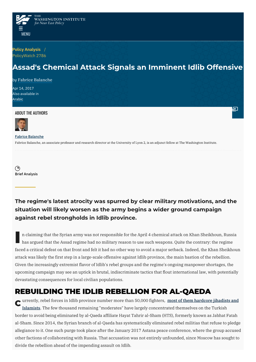 Assad's Chemical Attack Signals an Imminent Idlib Offensive by Fabrice Balanche