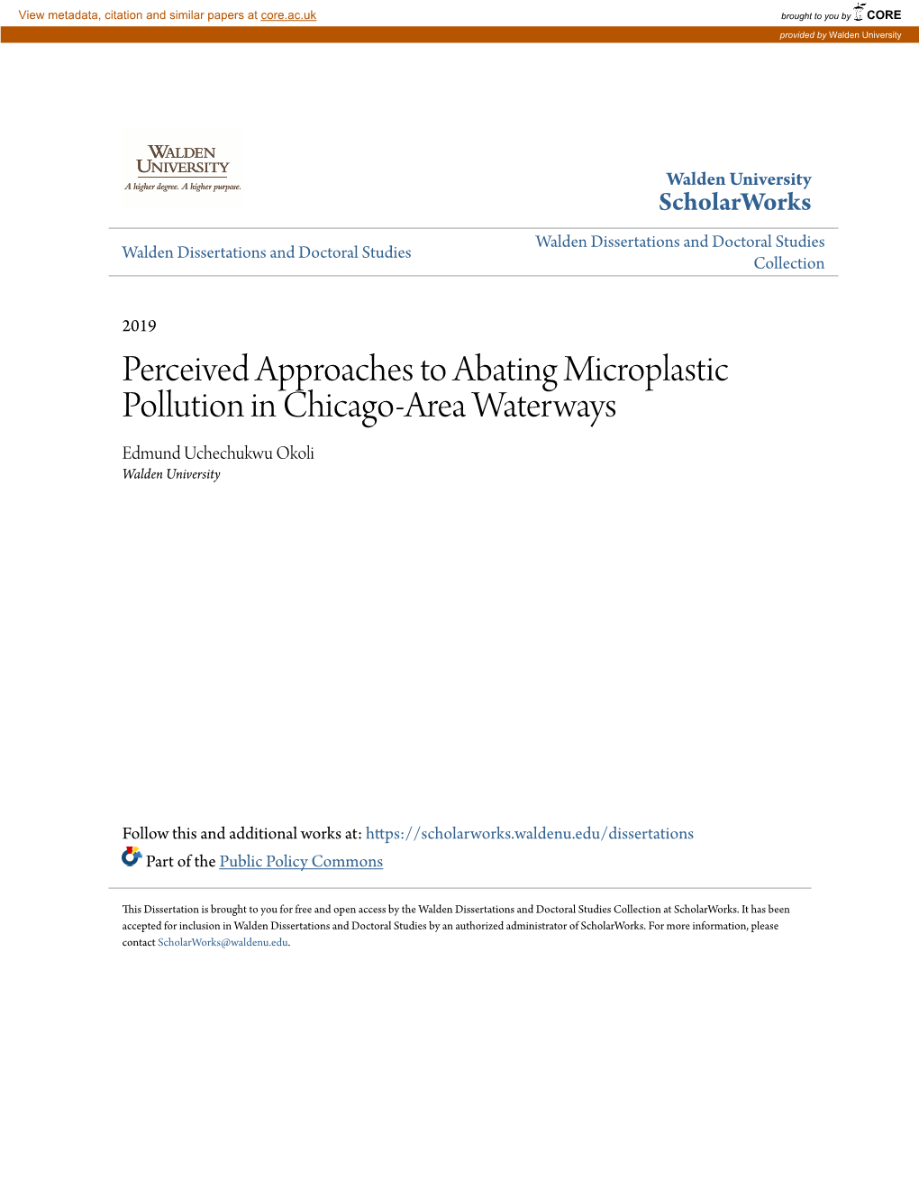 Perceived Approaches to Abating Microplastic Pollution in Chicago-Area Waterways Edmund Uchechukwu Okoli Walden University