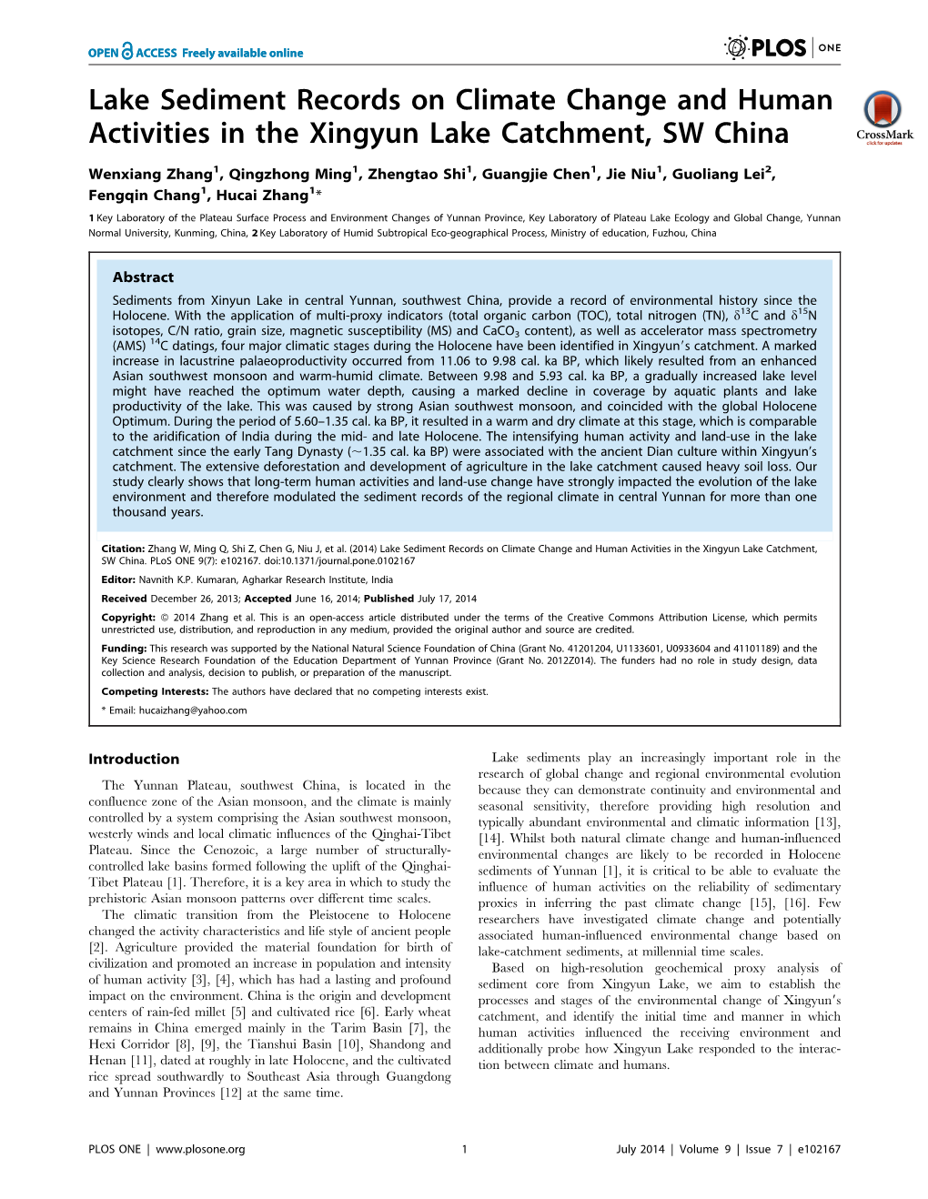 Lake Sediment Records on Climate Change and Human Activities in the Xingyun Lake Catchment, SW China