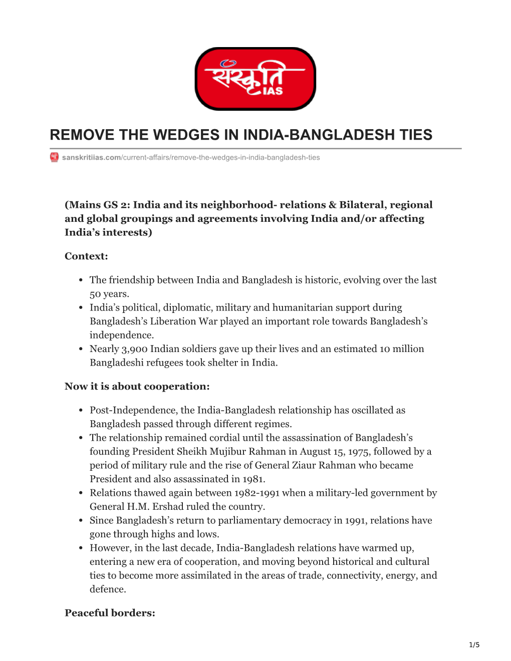Remove the Wedges in India-Bangladesh Ties
