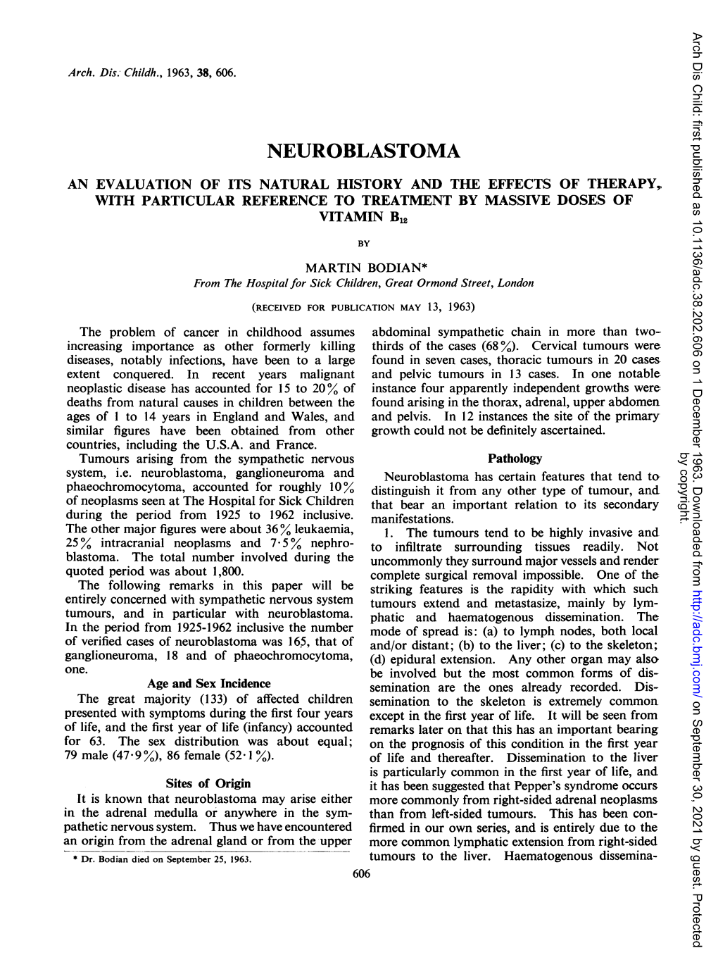 Neuroblastoma an Evaluation of Its Natural History and the Effects of Therapy, with Particular Reference to Treatment by Massive Doses of Vitamin B12