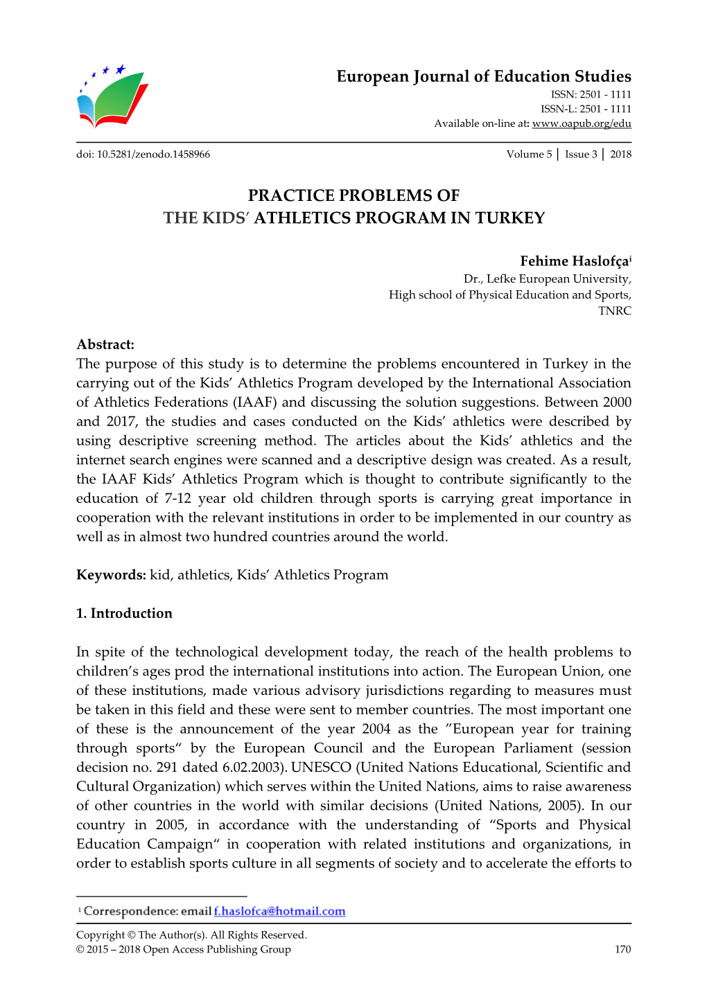 Practice Problems of the Kids' Athletics Program in Turkey