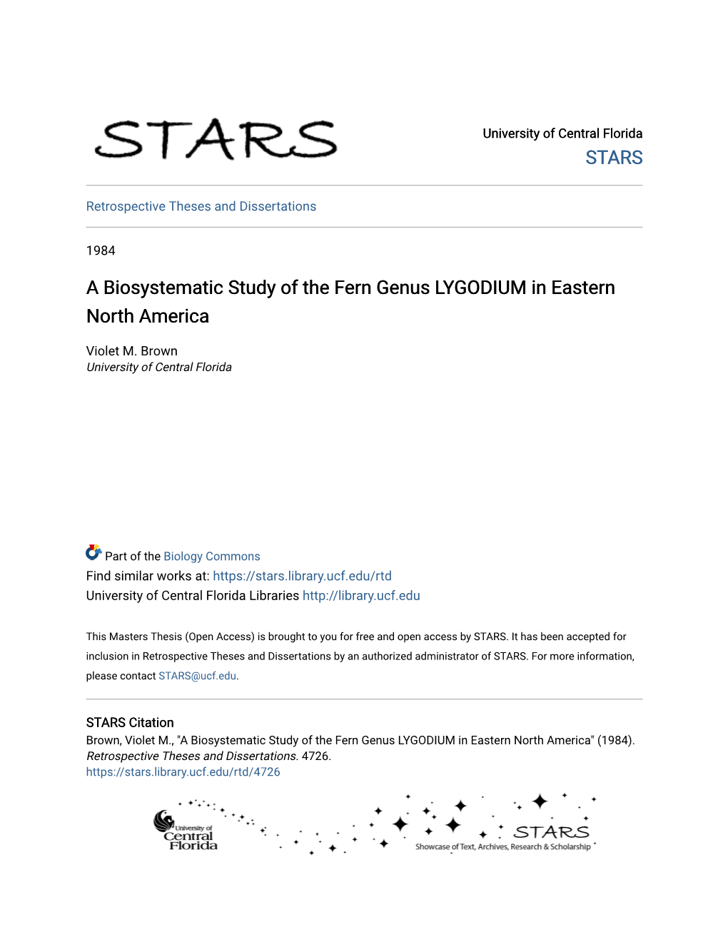 A Biosystematic Study of the Fern Genus LYGODIUM in Eastern North America