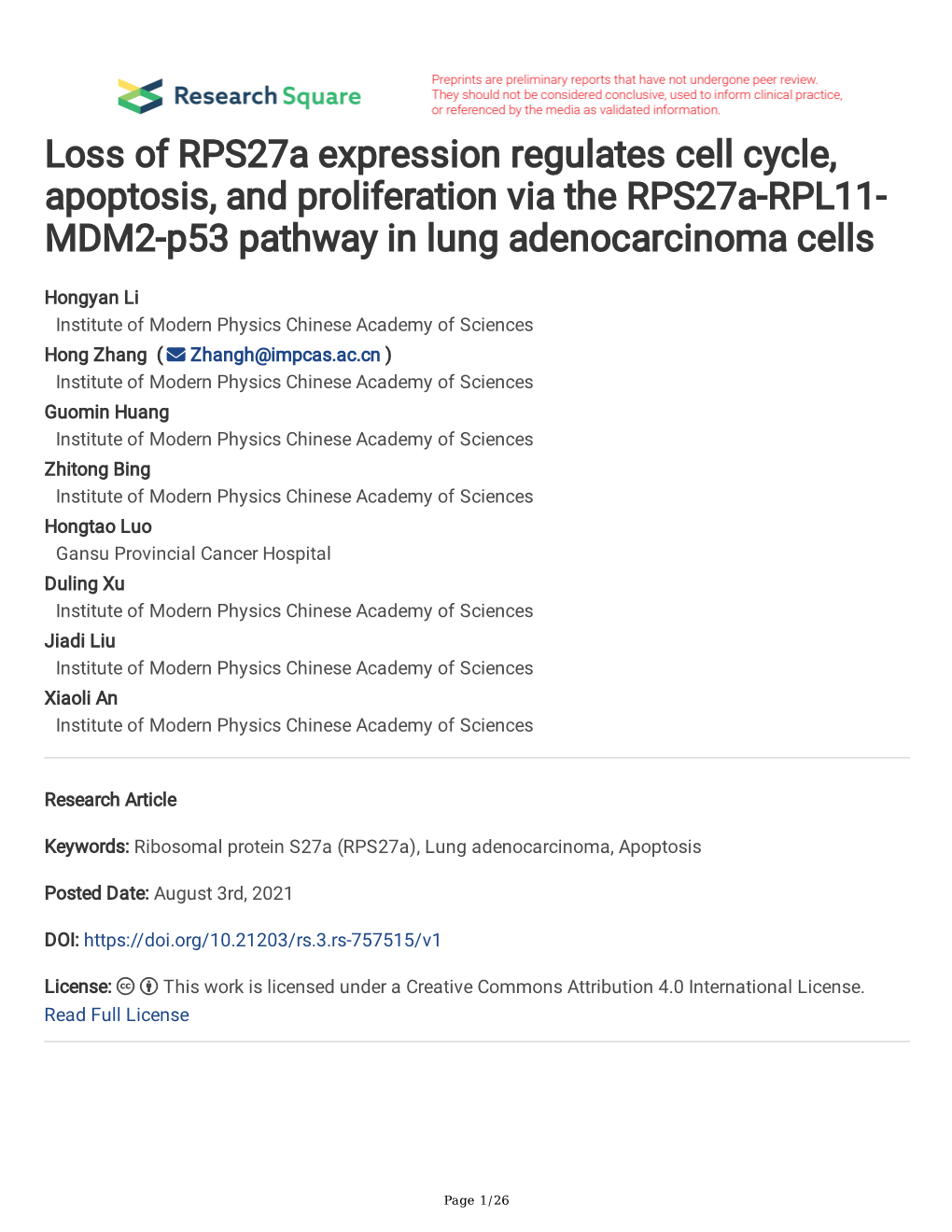 Loss of Rps27a Expression Regulates Cell Cycle, Apoptosis, and Proliferation Via the Rps27a-RPL11- MDM2-P53 Pathway in Lung Adenocarcinoma Cells