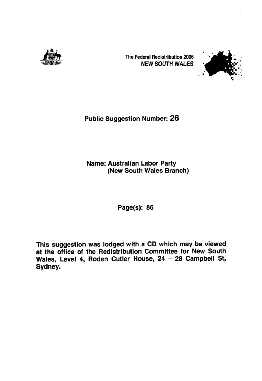 The Federal Redistribution 2006 NEW SOUTH WALES, Suggestion